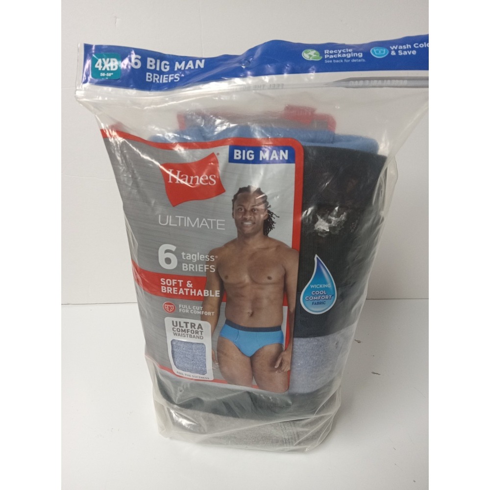 Hanes Ultimate Men's 4XB Big Man Tagless Briefs Underwear 6 Pack Blue